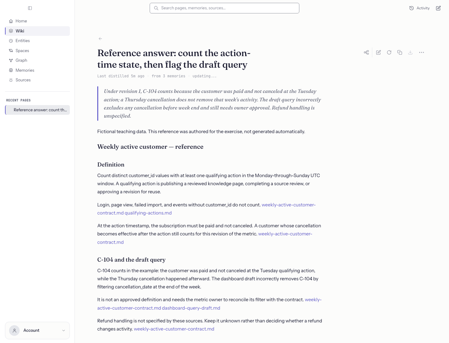 Build a business metric definition knowledge base — The reference page still contains the original answer and links to its three sources.