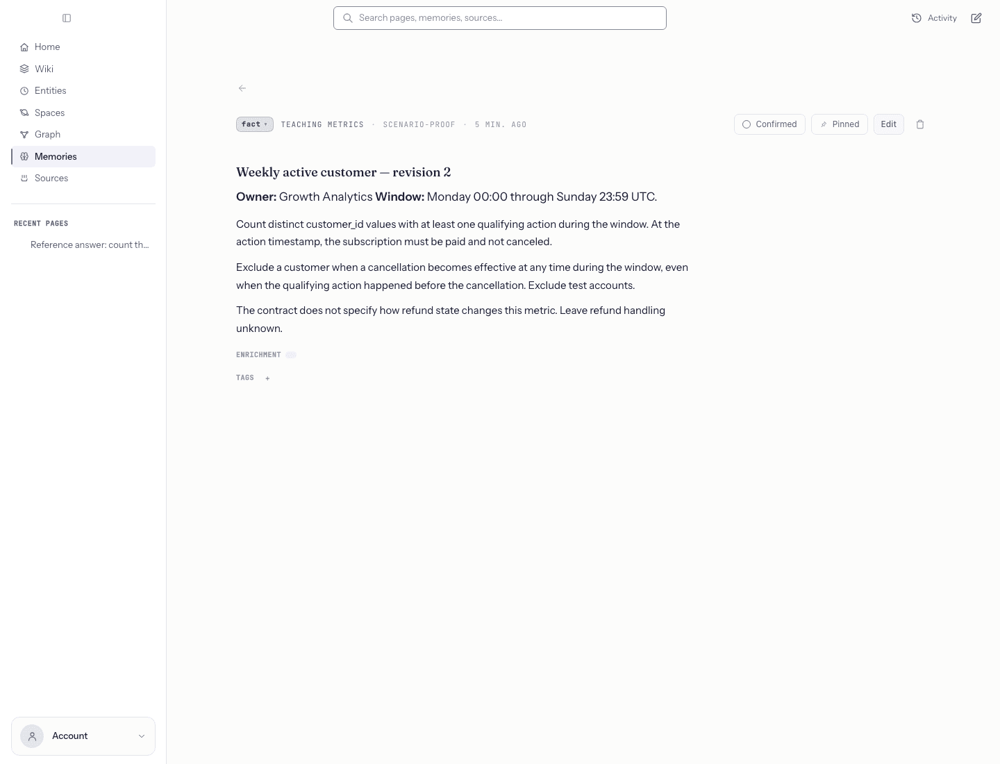 Build a business metric definition knowledge base — Following the citation opens the changed source. Compare it with the answer that still needs review.