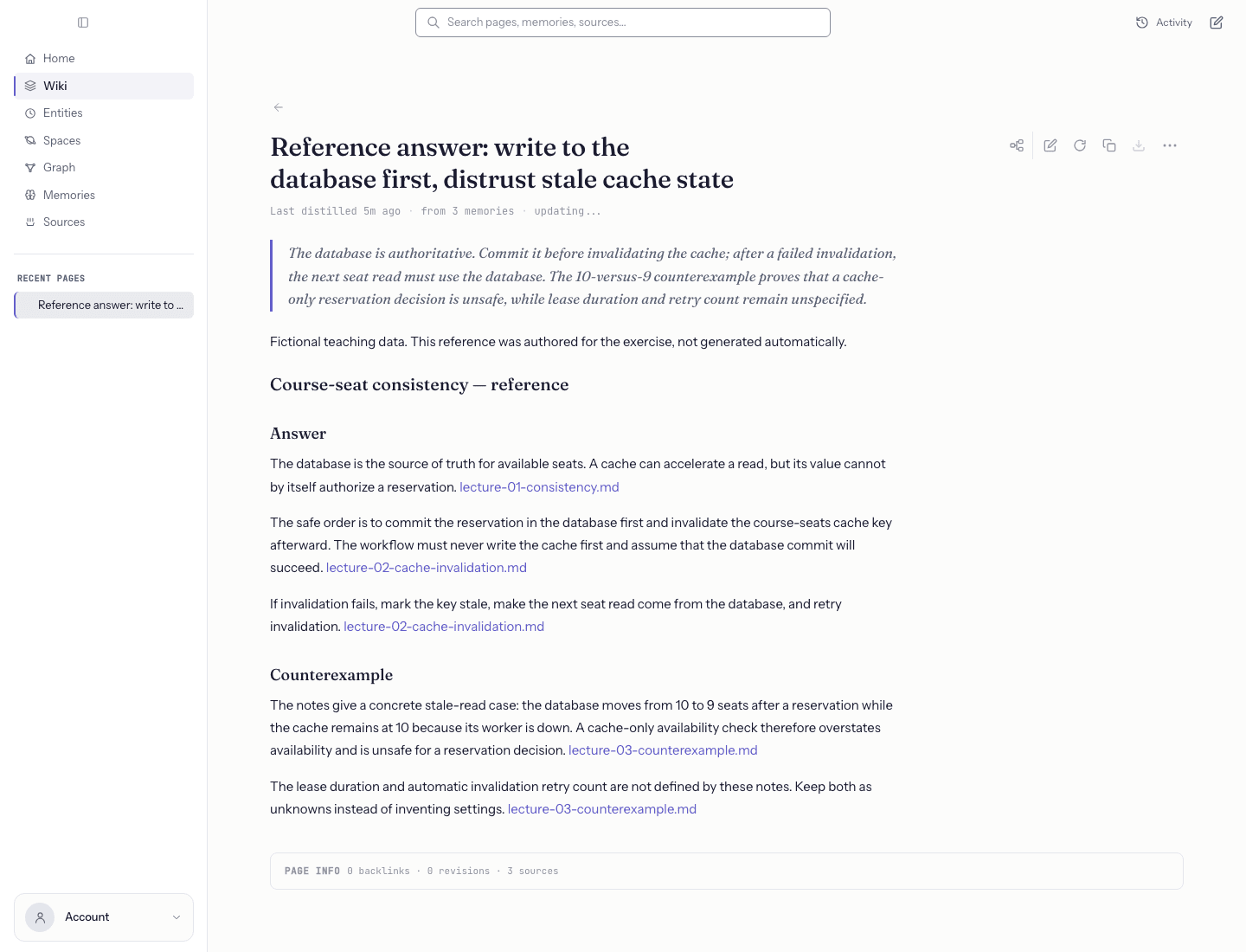 Build a course wiki from lecture notes — The reference page still contains the original answer and links to its three sources.
