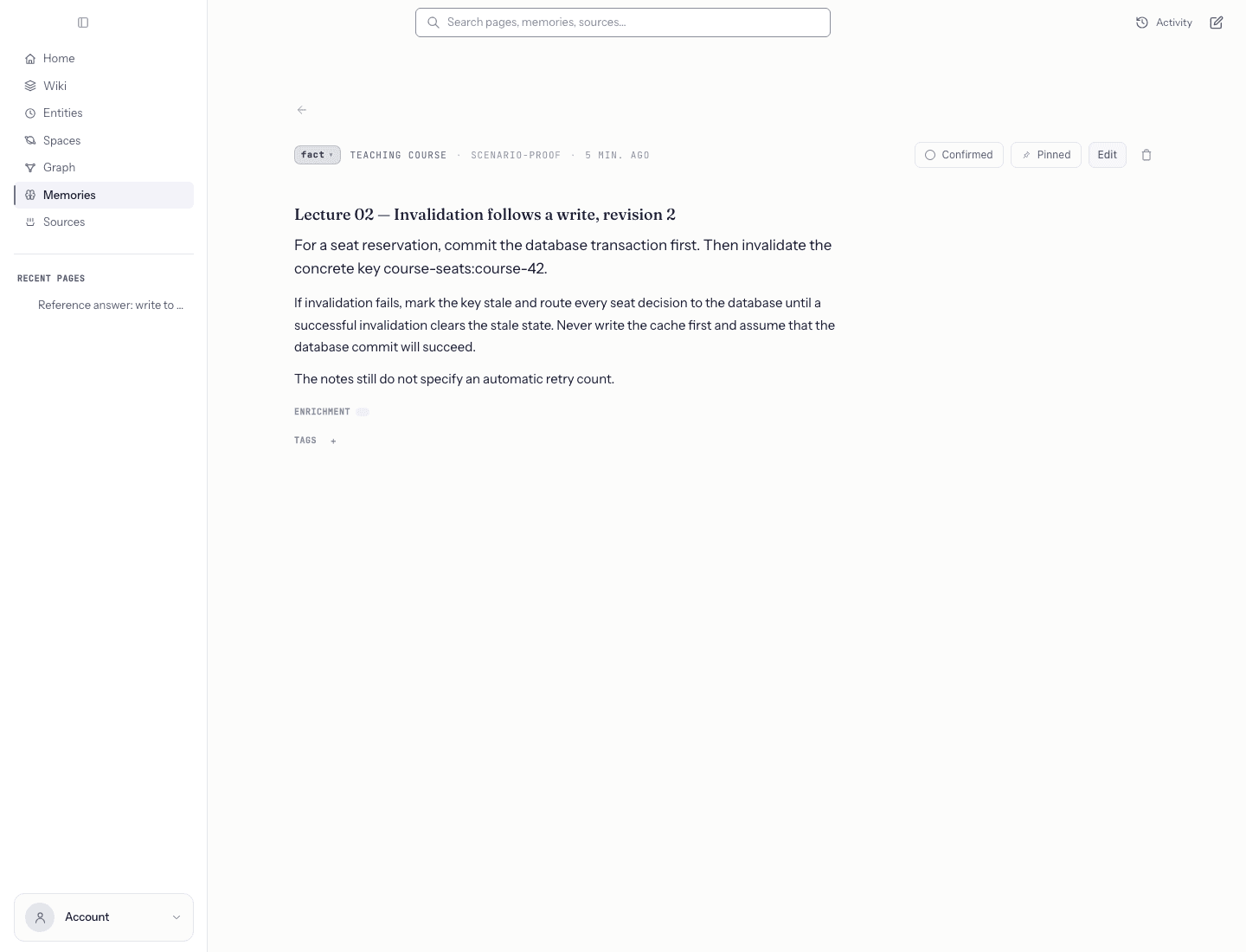 Build a course wiki from lecture notes — Following the citation opens the changed source. Compare it with the answer that still needs review.