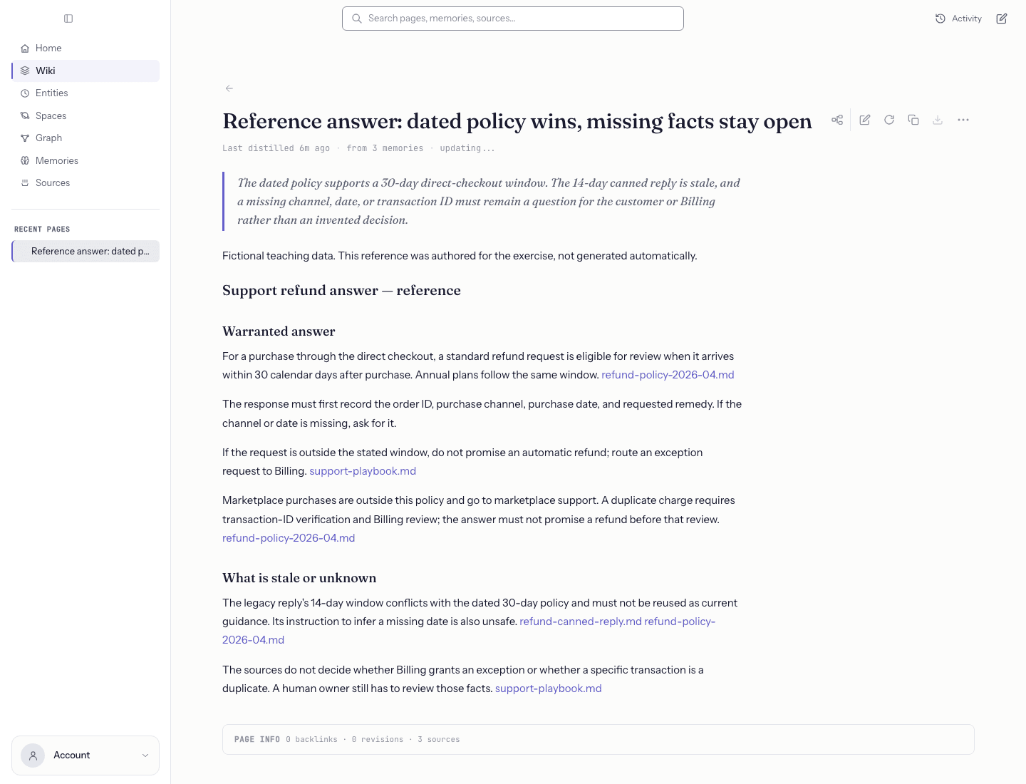 Build a customer-support answer knowledge base — The reference page still contains the original answer and links to its three sources.