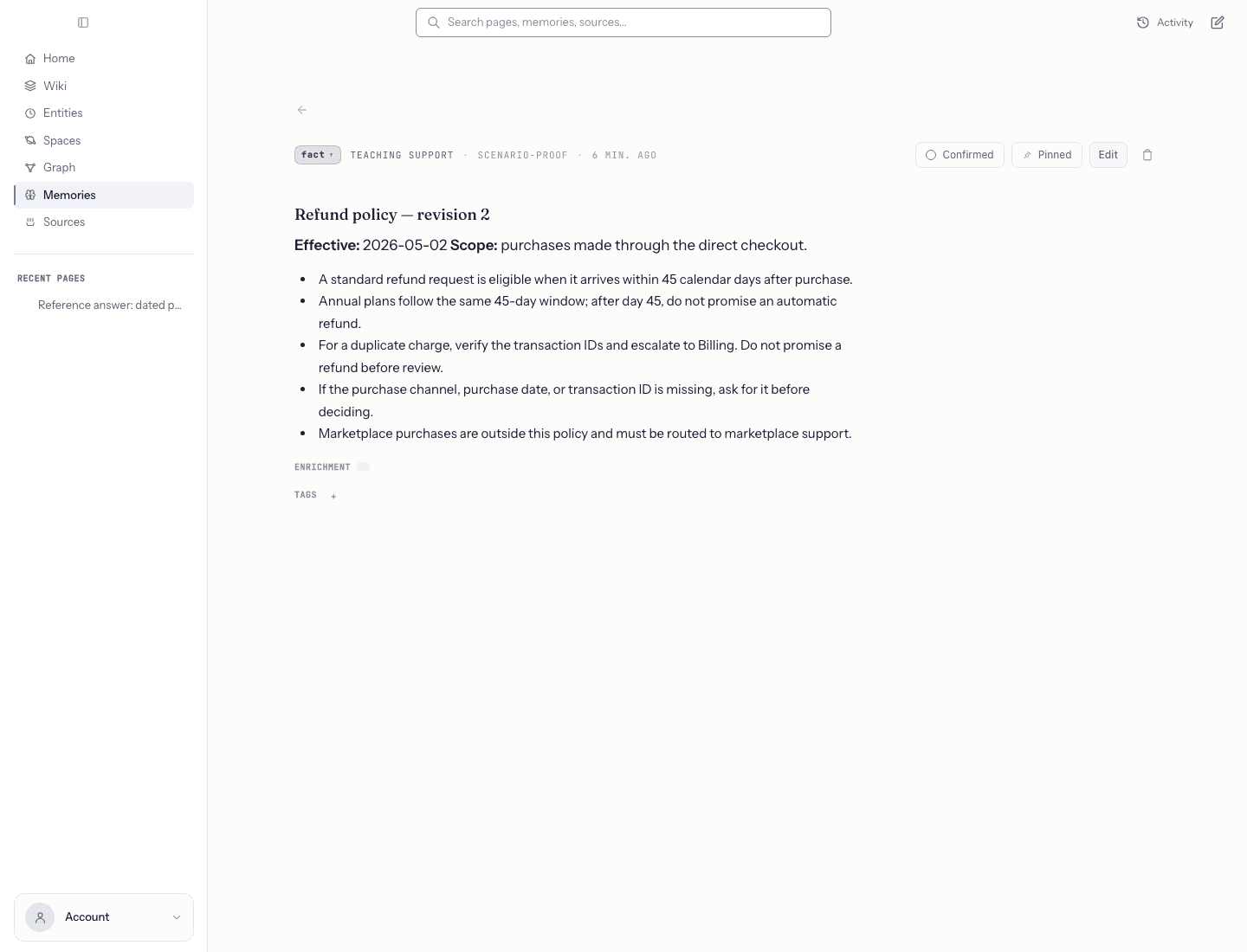 Build a customer-support answer knowledge base — Following the citation opens the changed source. Compare it with the answer that still needs review.