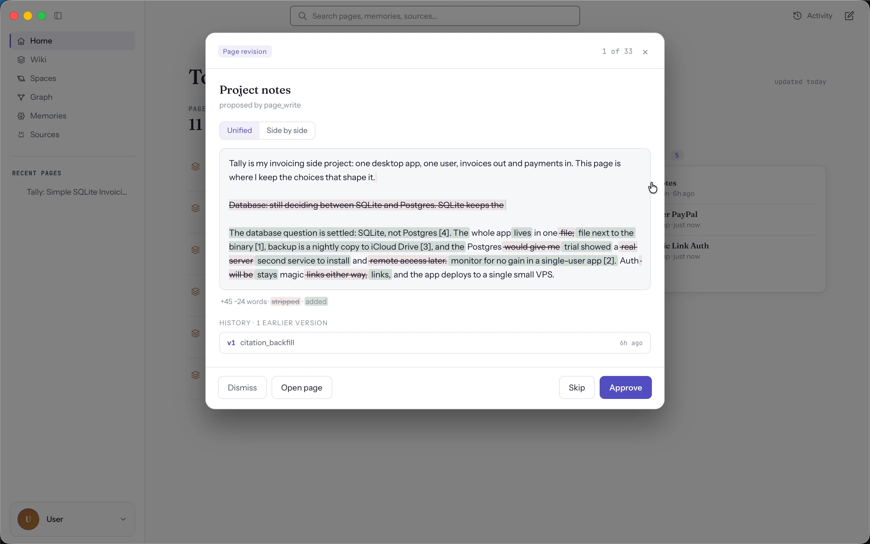 Compare proposed edits and earlier versions before choosing whether to approve.