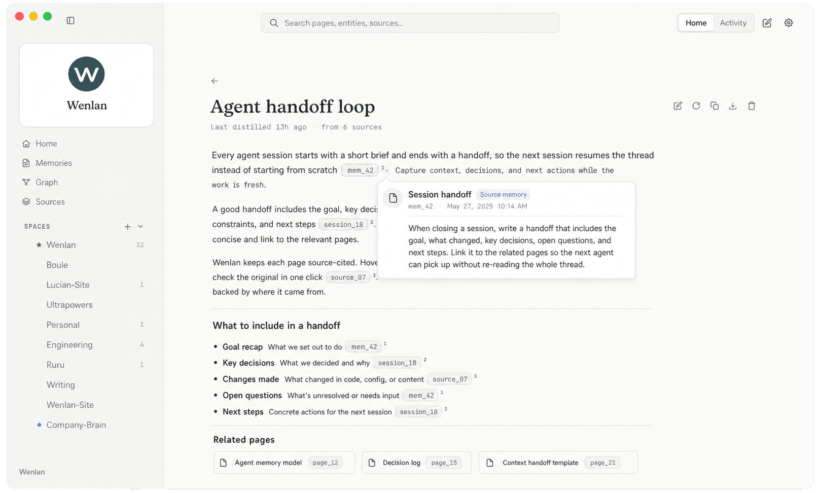 Wenlan desktop showing the Agent handoff loop page with a source citation expanded.
