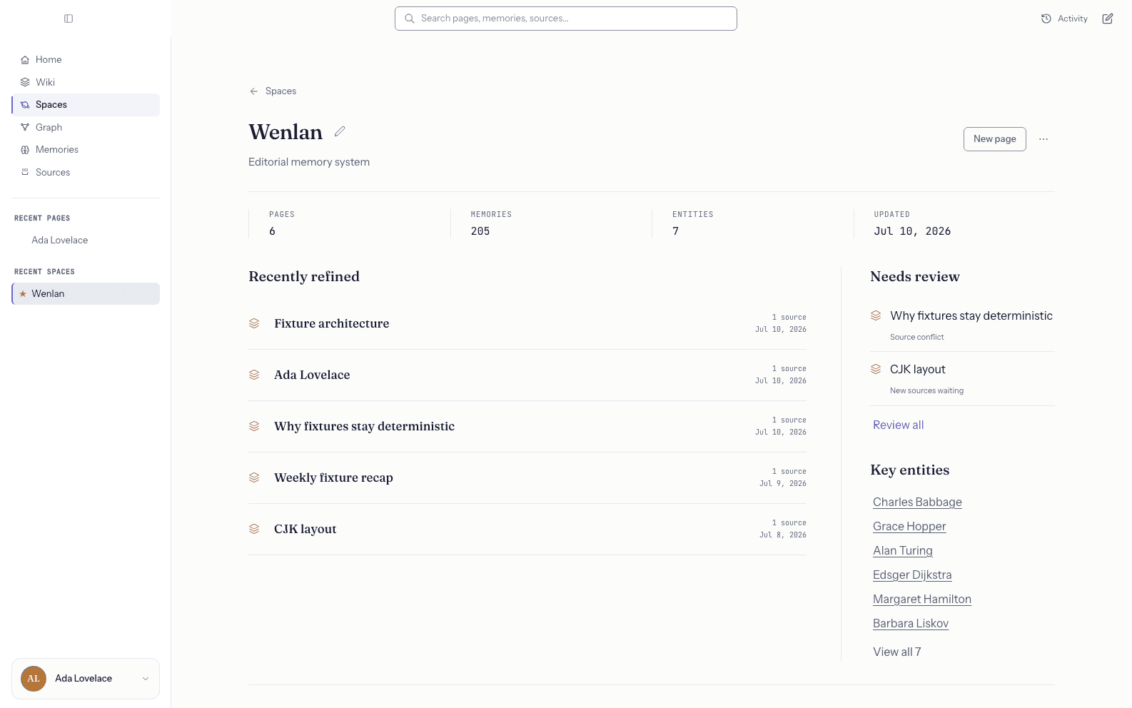 Wenlan desktop Space view showing recently refined Pages with source counts and a review queue for a source conflict and newly available sources.