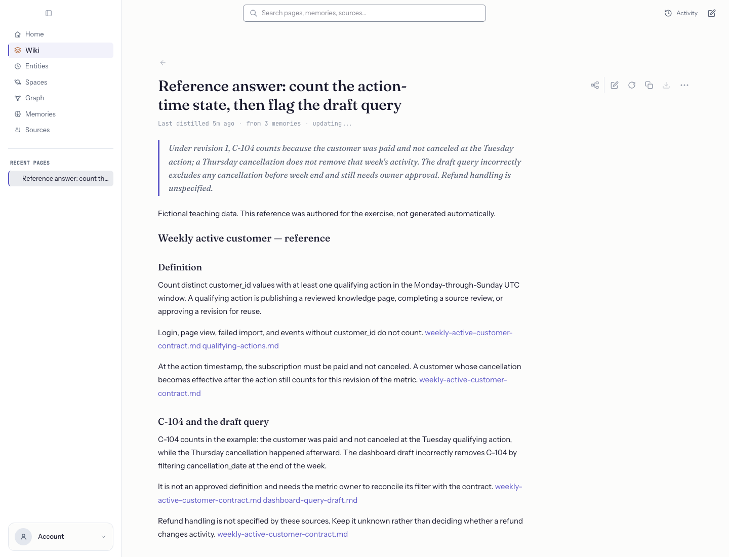 Build a business metric definition knowledge base — The reference page still contains the original answer and links to its three sources.