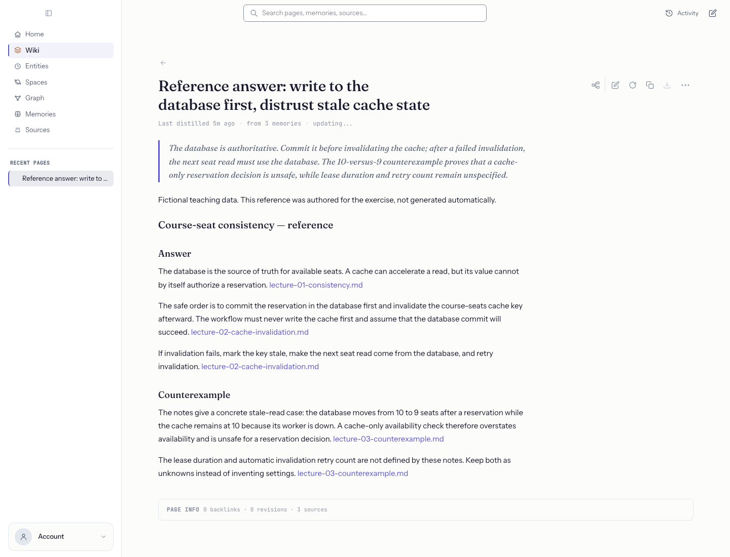 Build a course wiki from lecture notes — The reference page still contains the original answer and links to its three sources.