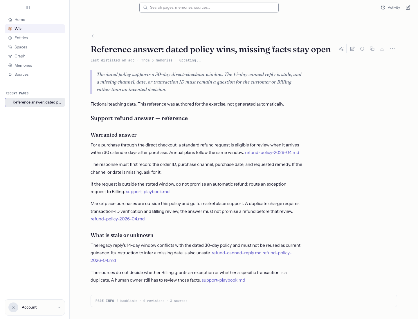 Build a customer-support answer knowledge base — The reference page still contains the original answer and links to its three sources.