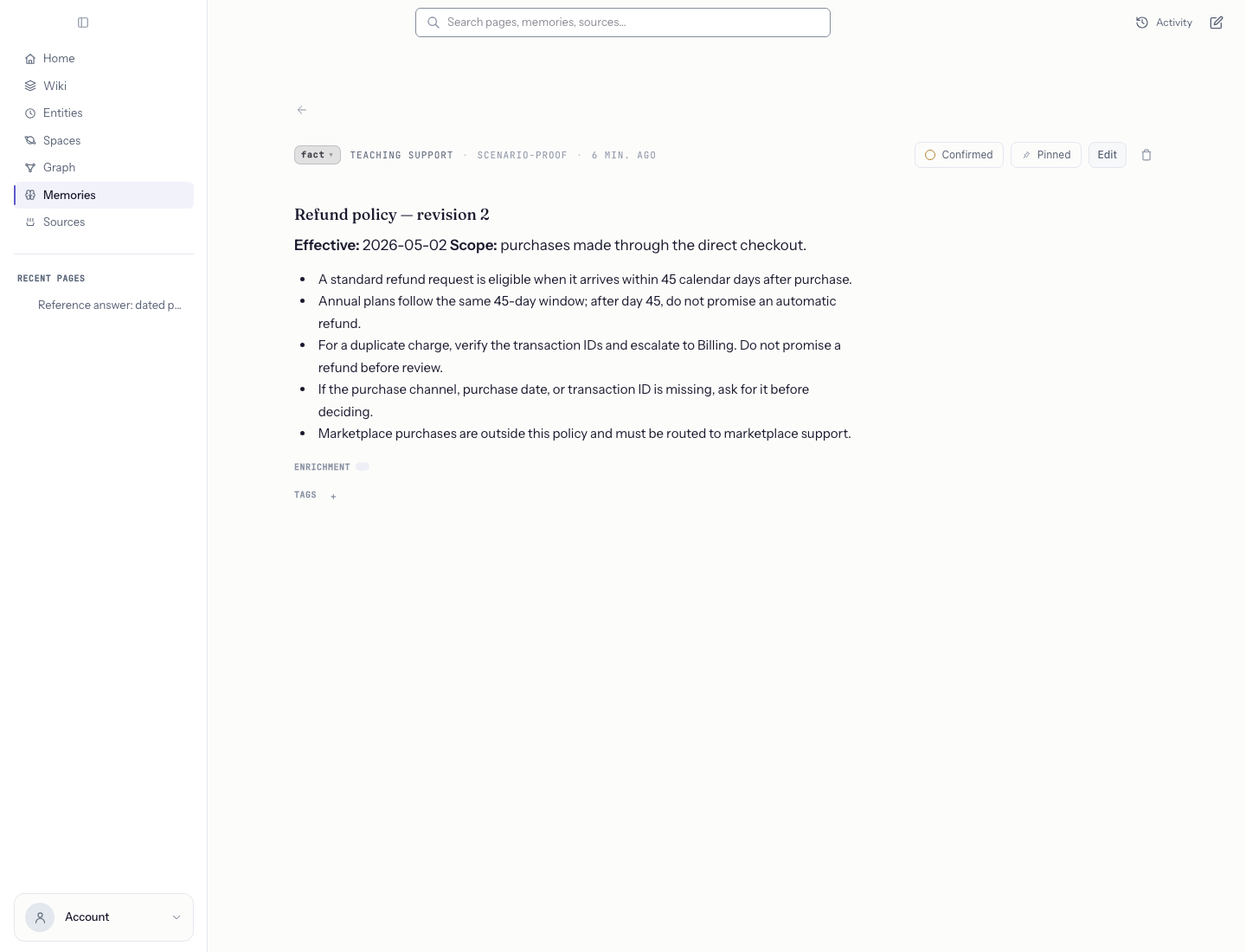 Build a customer-support answer knowledge base — Following the citation opens the changed source. Compare it with the answer that still needs review.